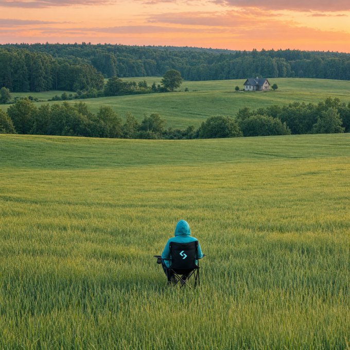 A person in a teal hoodie sits in a camping chair in the middle of a vast green field, gazing toward a distant house under a sunset sky. The scene reflects the post's message of taking a peaceful break from trading, with the "UEX" logo on the chair symbolizing the brand waiting patiently as one recharges in nature.