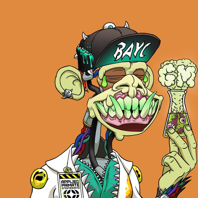 A cartoon illustration of a green-skinned zombie-like ape character wearing a black and green 'BAYC' cap and a lab coat with an 'Applied Primate Engineering' badge, holding a bubbling flask of brain matter.