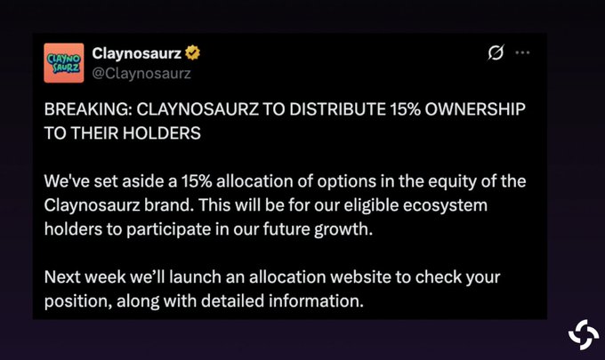 A screenshot of a tweet from @Claynosaurz announcing that they will distribute 15% brand ownership/equity options to eligible Claynosaurz NFT holders, with an allocation website launching the following week to check positions.