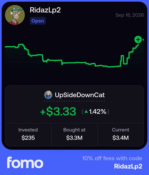 A Fomo trading app card for user 'RidazLp2' dated Sep 16, 2026, displaying a green price chart for 'UpSideDownCat' with a gain of +$3.33 (1.42%), showing invested $235, bought at $3.3M, and current value $3.4M.