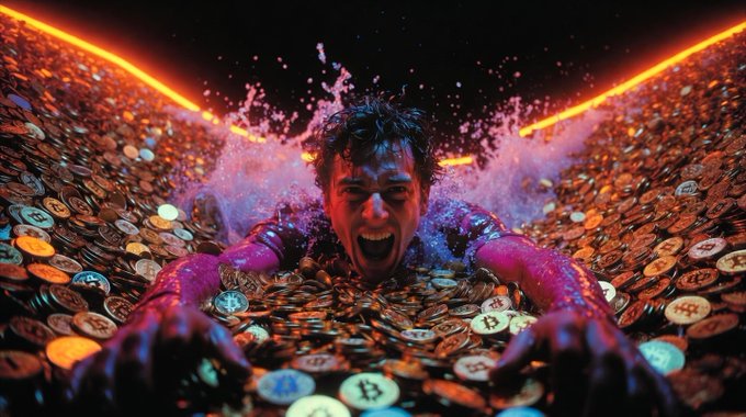 A vivid, dramatic digital artwork of a man screaming and crawling through a massive pile of Bitcoin and other cryptocurrency coins, splashing through colored liquid.