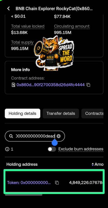 A BNB Chain Explorer screenshot shows token 'RockyCat' with price $77.94K, $13.68K TVL, and a holding detail for address '0x0000000000dead' containing 4,849,226.07678 tokens.