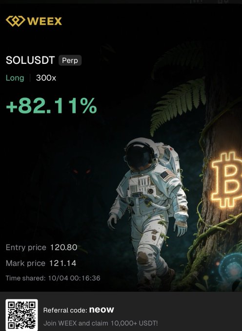 WEEX exchange promotional image showing a SOLUSDT Perp Long 300x position with +82.11% gain, featuring an astronaut in a jungle scene, referral code 'neow', and Bitcoin neon signage.