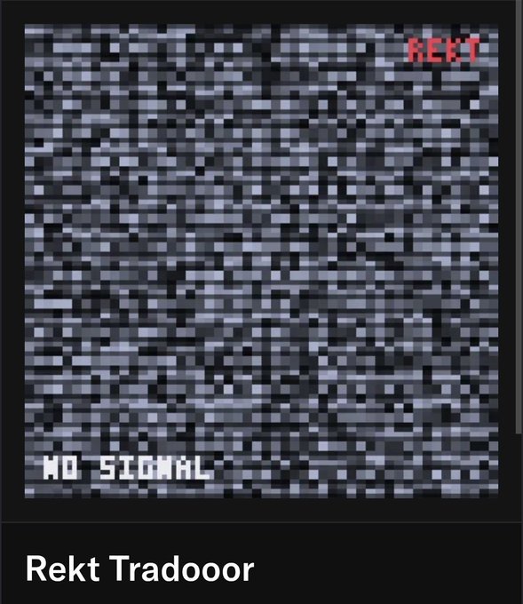 A heavily pixelated, static-like gray image with "REKT" in red text at the top right, "NO SIGNAL" in white text at the bottom left, and a caption reading "Rekt Tradooor" below.