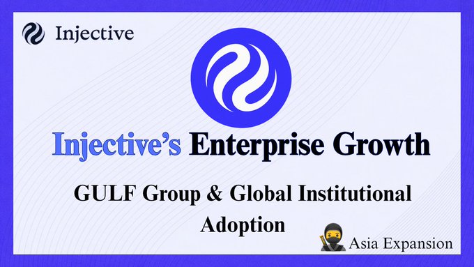 A promotional graphic for Injective with a blue border, featuring a circular logo and text reading 'Injective's Enterprise Growth', 'GULF Group & Global Institutional Adoption', and 'Asia Expansion'.
