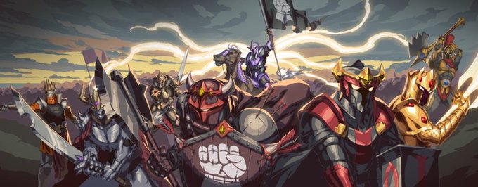 A group of armored warriors and warriors stand together under a stormy sky with lightning in the background, representing the "Iron Lords" NFT collection of 101 hand-drawn pixel pieces minting on OpenSea on September 1 at 0.25 ETH.
