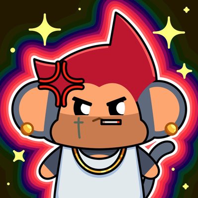 A cartoon illustration of an angry-looking monkey character with red spiky hair, a cross tattoo under its eye, gold earrings, and a gold chain, set against a colorful aura with stars.