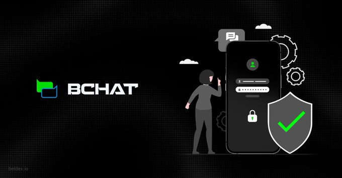 A graphic displays the "BCHAT" logo in white and green text on a black background, accompanied by an illustration of a person using a smartphone with a security shield, lock, and gear icons.