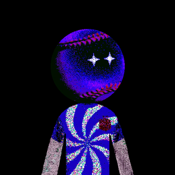 A glitch-style digital illustration features a figure with a baseball-shaped head and a swirling blue-and-white hypnotic pattern on its shirt, set against a black background.