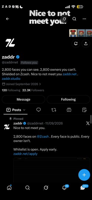 A screenshot of the X (formerly Twitter) profile page for "zaddr" (@zaddrnet), displaying 120 Following and 22.3K Followers, with the handle "zaddr.studio" and a pinned post reading "Nice to not meet you. 2,800 faces on @Zcash. Every face is public. Every owner isn't. Whitelist is open. Apply early." — supporting the bullish Zcash sentiment in the caption.