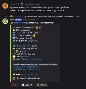 A screenshot of a Discord message from user Slow Gold on a server called "embercurve" displays a cryptocurrency token tracker result for the ticker EMBER/MET, showing a market cap of $1.5M, 1.3K holders, and contract addresses across multiple blockchains including SOL, ETH, and BSC. The post promotes a private Discord community for catching "10x plays" through technical analysis and buying dips, using this token data as an example of the alpha shared with members.