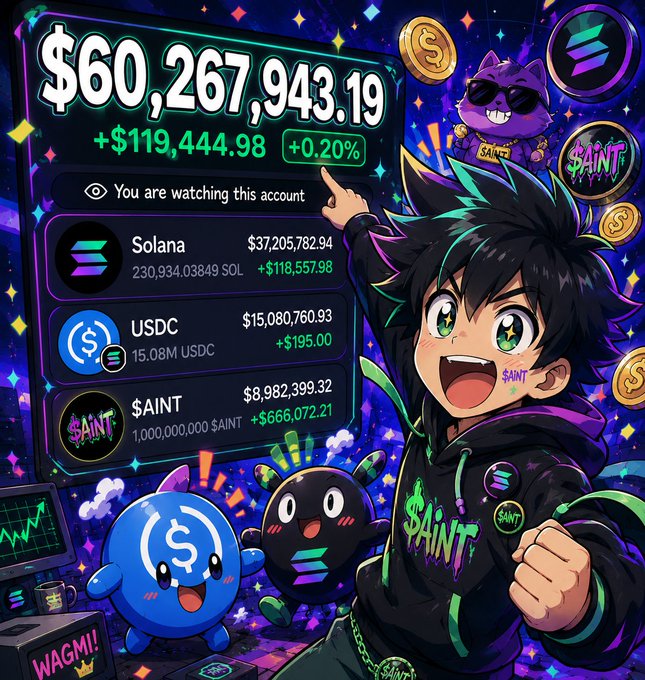 A vibrant anime-style illustration shows an excited character pointing at a crypto portfolio dashboard displaying a massive balance of $60,267,943.19 with holdings in Solana ($37,205,782.94), USDC ($15,080,760.93), and $SAINT ($8,982,399.32), accompanied by cute mascot characters and "WAGMI!" branding. The image promotes a giveaway contest asking followers to drop their $SOL address and engage to potentially check their balance later for rewards.