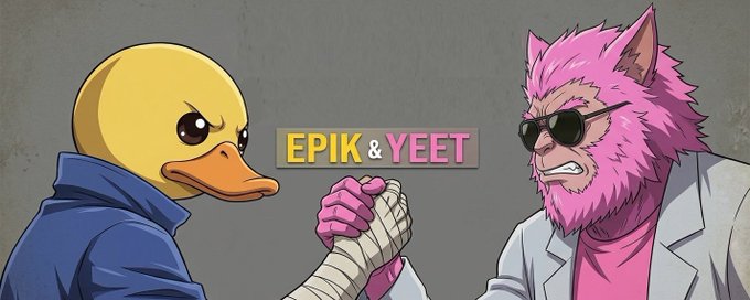 A duck and a pink cat in sunglasses grip hands in a competitive arm-wrestling match, with "EPIK & YEET" displayed between them, symbolizing the airdrop opportunity to stack points across both platforms. The image visually represents the writer's strategy to farm volume and position themselves for the upcoming $EPIK airdrop.