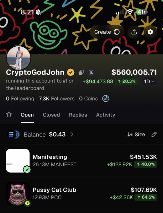 A screenshot of the Pump.fun profile for "CryptoGodJohn" shows a portfolio value of $560,005.71 with holdings including "Manifesting" at $451.53K (+40%) and "Pussy Cat Club" at $107.69K (+64.6%), aligning with the post's message about steadily growing the account toward the $1 million milestone through a buy-and-hold strategy.