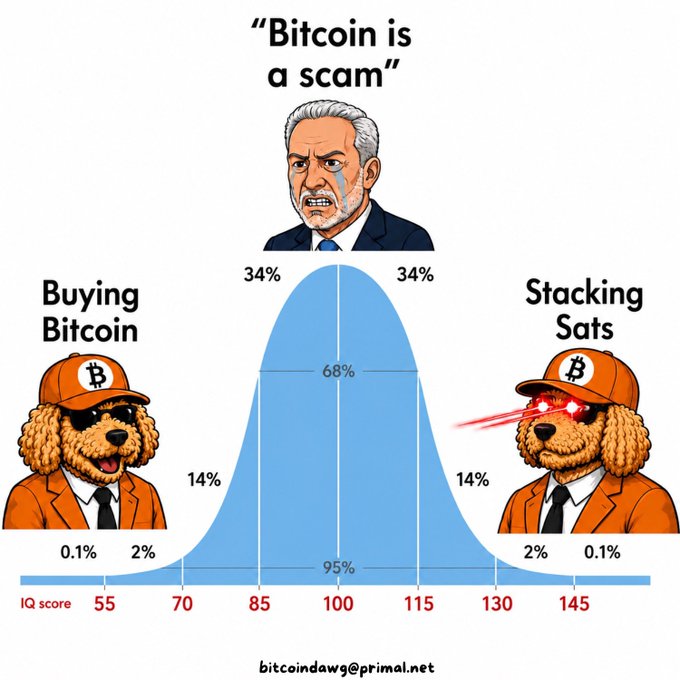 A satirical bell curve meme titled "Bitcoin is a scam" showing a crying central figure, flanked by two cartoon dog characters labeled "Buying Bitcoin" and "Stacking Sats," with IQ scores plotted along the x-axis from 55 to 145.