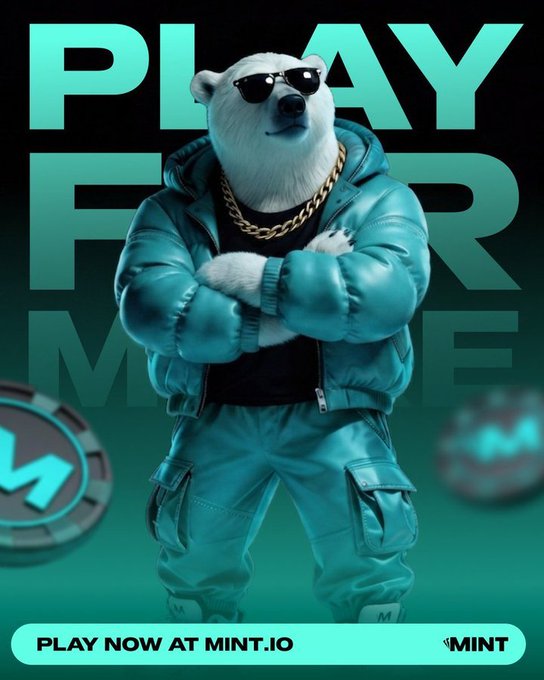 A promotional graphic featuring a 3D-rendered polar bear wearing sunglasses, a gold chain, and a teal puffer jacket, with text 'PLAY FOR MORE' and a call to action 'PLAY NOW AT MINT.IO' alongside MINT cryptocurrency chips.