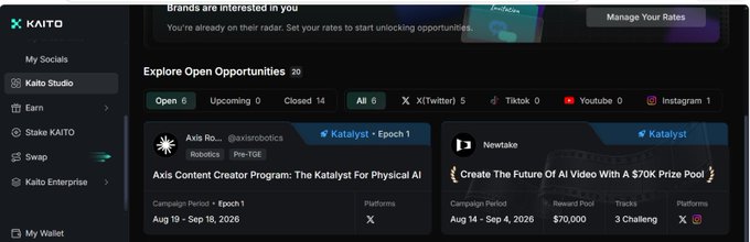 Screenshot of the KAITO platform's 'Explore Open Opportunities' section showing creator programs including 'Axis Content Creator Program: The Katalyst For Physical AI' and 'Create The Future Of AI Video With A $70K Prize Pool'.