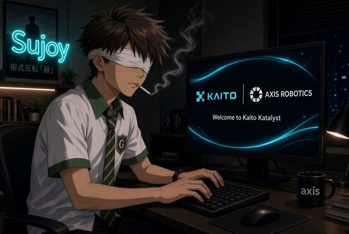 An anime-style illustration of a blindfolded boy named 'Sujoy' with a cigarette in his mouth, sitting at a desk in a dark room with neon signs, while a monitor displays 'Welcome to Kaito Katalyst' with KAITO and AXIS ROBOTICS logos, an 'axis' branded mug on the desk, and Chinese text '術式反転「赫」' on the wall.