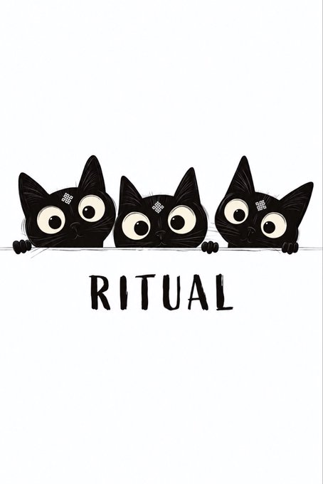An illustration of three black cats peeking over a white surface with the word 'RITUAL' written below them.
