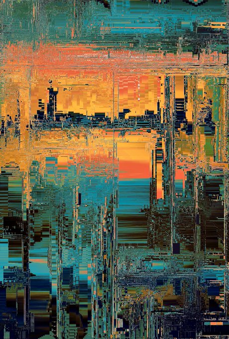 A glitched, pixelated abstract cityscape rendered in warm sunset oranges and cool turquoise tones evokes the fragmented beauty of an industrial skyline at dusk, aligning perfectly with the artwork's title "Industrial Landscape" by Daniel Ferdoropeza on objkt.com.