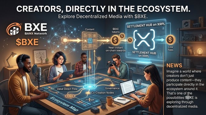 A promotional graphic for BXE (BANX Network) and $BXE token, depicting creators collaborating around a digital ecosystem map connected to a Settlement Hub on XRPL with low fees.
