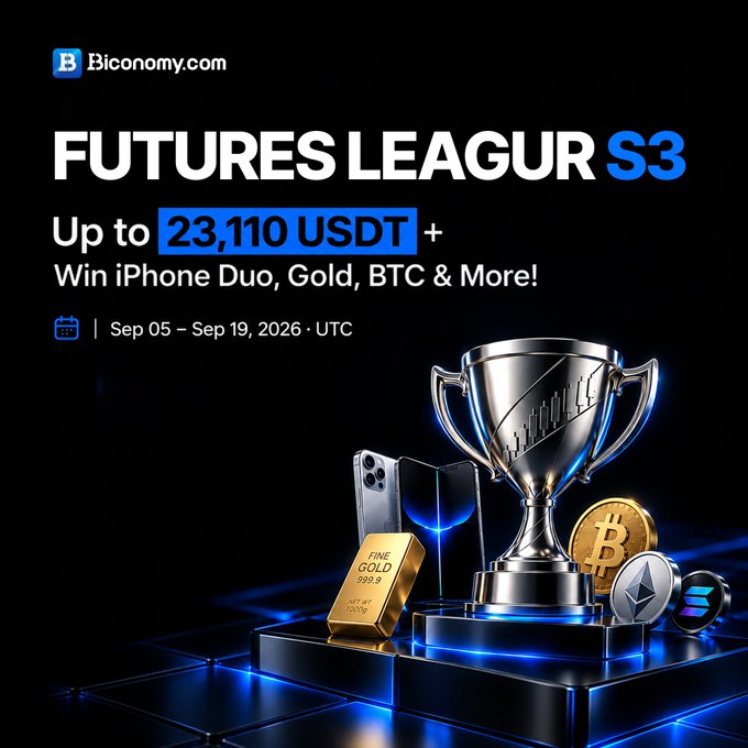 An advertisement for Biconomy.com's 'FUTURES LEAGUE S3' trading competition offering up to 23,110 USDT and prizes including iPhone Duo, gold, and BTC, running from Sep 05 to Sep 19, 2026.