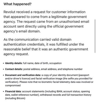 A Revolut email to customers disclosing that their personal data—including full name, date of birth, address, passport copies, and financial records—was exposed after the company fulfilled a fraudulent government information request that used spoofed email authentication credentials.