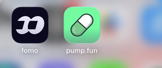 Two app icons displayed side by side: a black icon labeled 'fomo' with a white stylized logo, and a green icon labeled 'pump.fun' featuring a pill/capsule illustration.