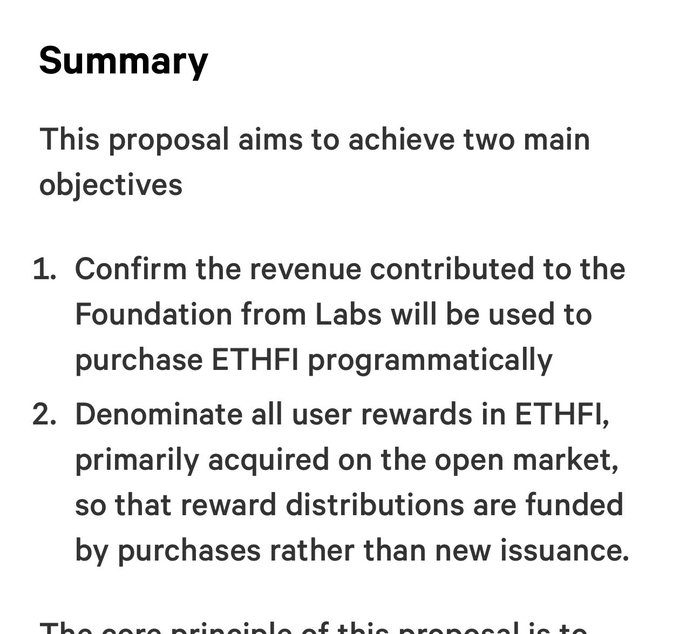 A summary text outlining a proposal with two main objectives: confirming Foundation revenue from Labs will be used to purchase ETHFI programmatically, and denominating all user rewards in ETHFI acquired on the open market.