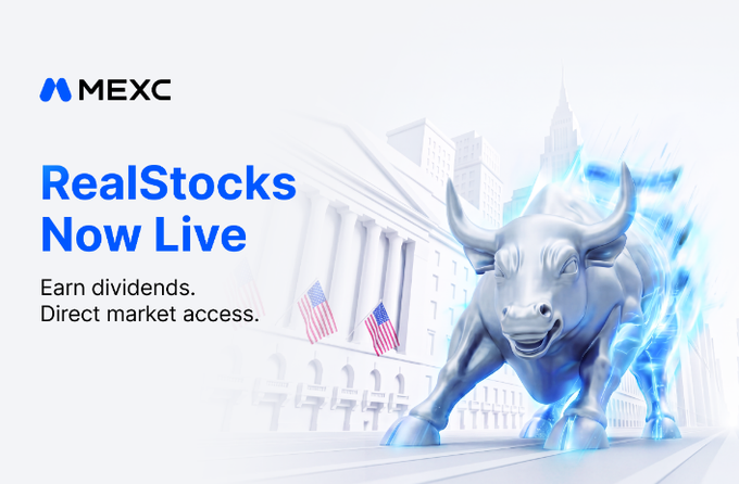 A promotional advertisement for MEXC's 'RealStocks Now Live' feature highlighting 'Earn dividends. Direct market access.' with an image of the Wall Street Bull statue surrounded by blue flames.