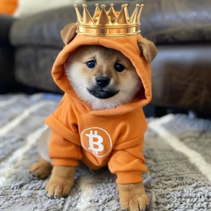 An adorable Shiba Inu puppy wearing an orange hoodie featuring the Bitcoin logo and a gold crown, sitting on a carpet.
