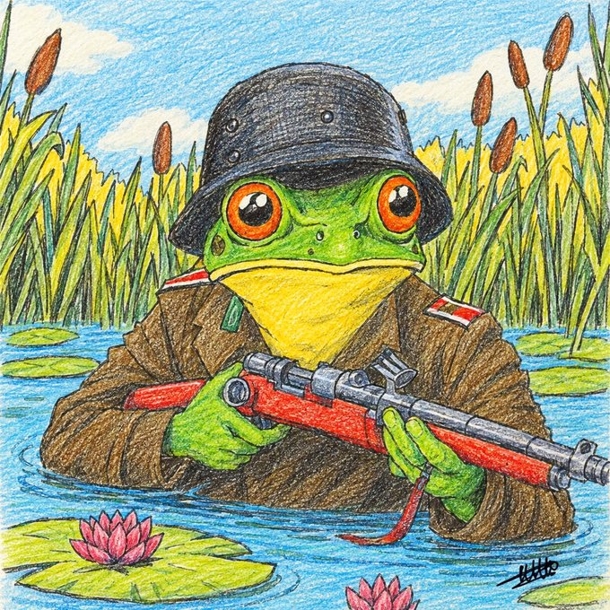 A frog dressed in a military uniform and helmet, armed with a rifle, sits patiently in a swamp with lily pads and cattails. The image visually mirrors the post's message about Sun Tzu's strategy of patience and calculated timing in crypto—waiting in the reeds like a sniper for the perfect moment to strike, rather than rushing into trades blindly.
