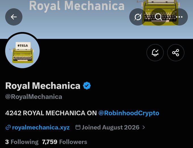 The image shows a Twitter/X profile for "Royal Mechanica" (@RoyalMechanica) with 7,759 followers, featuring a yellow typewriter avatar displaying "$TSLA" and text promoting "4242 ROYAL MECHANICA ON @RobinhoodCrypto" with a link to royalmechanica.xyz. The profile illustrates the project's ticker-based NFT identity system referenced in the post, where the avatar visually demonstrates how each NFT receives a unique stock ticker identity (in this case $TSLA) written on-chain at mint.
