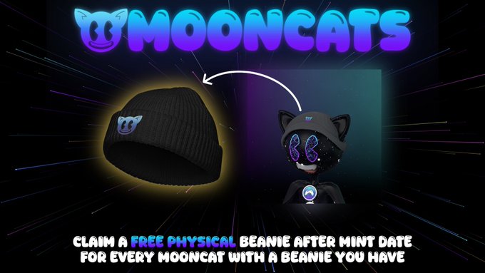 A promotional graphic for "MOONCATS" announces: "CLAIM A FREE PHYSICAL BEANIE AFTER MINT DATE FOR EVERY MOONCAT WITH A BEANIE YOU HAVE," showing a black beanie and a cat character.
