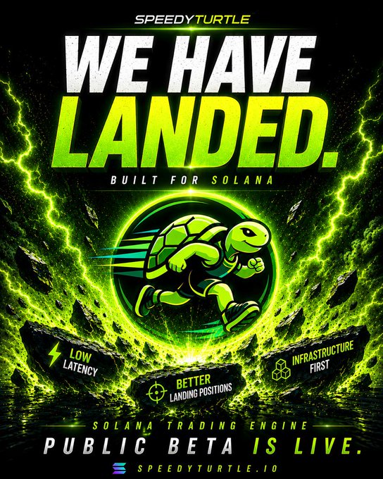 The image features a poster with a cartoon turtle running through a green explosion, surrounded by various symbols representing different aspects of trading platforms built on top of the chain. The text on the poster reads "We Have Landed", indicating that the platform has been launched or is currently in use. The poster also mentions that it was created for Solana and emphasizes its focus on optimizing execution speed and latency to ensure a smooth trading experience.