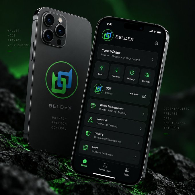 A promotional image for BELDEX shows a smartphone wallet app and the back of a branded phone; visible text includes “Your Wallet,” “BDX,” “Network,” “Privacy,” and “More.”