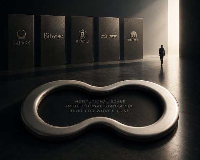 A dark, moody promotional image displays stone panels with logos for Galaxy, Bitwise, BitMine, coinbase, and kraken, with text reading 'INSTITUTIONAL SCALE. INSTITUTIONAL STANDARDS. BUILT FOR WHAT'S NEXT.'