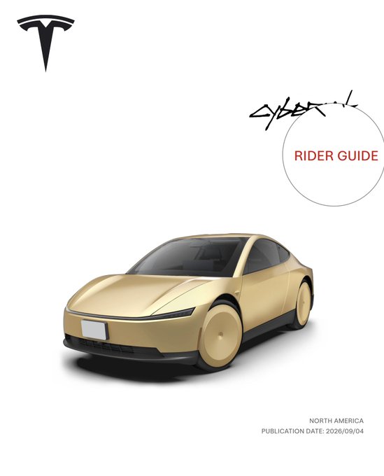 The image shows the cover of the official "Cybercab Rider Guide" published by Tesla for North America on September 4, 2026, featuring a rendering of the gold-colored Cybercab (Robotaxi) vehicle alongside the Tesla logo. This document serves as the official rider manual that Tesla published to accompany the rollout of its autonomous Cybercab service.