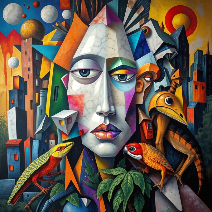 A vibrant cubist-style painting featuring a fragmented face surrounded by colorful geometric shapes, buildings, planets, and two lizards.