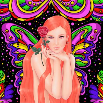 The image features a woman with long red hair wearing a rose as she poses for the camera. She has her hands on her face and is holding a rose close to her face. The background of the image is colorful, featuring a butterfly and other patterns in shades of purple, green, yellow, pink, and orange. The caption at the bottom of the image reads: "SOLD Only 1 edition left now !!! Can we make it sold Thanks @JTess84 bro for supporting my collab with @elmsta glad you like our work together. Essence Of Grace - 10 $XTZ Appreciate your share - Support fam, who' s gonna take last one".