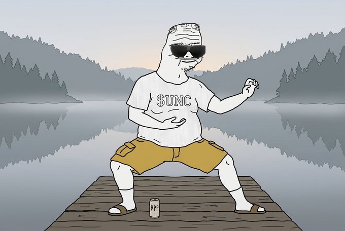 Meme illustration of a Pepe-style frog character wearing sunglasses and a "$UNC" shirt, posing on a wooden dock over a misty lake with a soda can beside him.