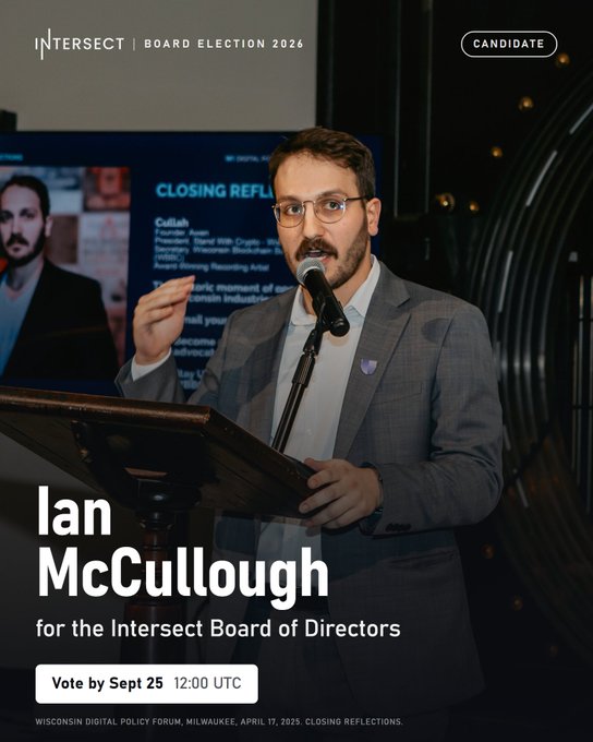 A campaign poster announces "Ian McCullough for the Intersect Board of Directors" with "INTERSECT | BOARD ELECTION 2026" at the top and "Vote by Sept 25 12:00 UTC."