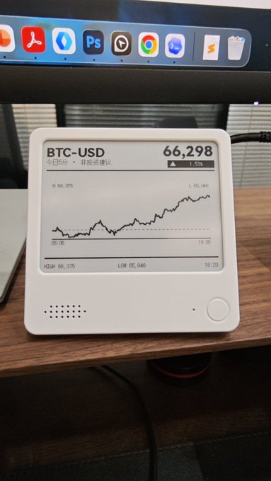 A white digital display device on a desk showing BTC-USD price at 66,298 with a 1.55% change, in front of a monitor displaying various app icons.