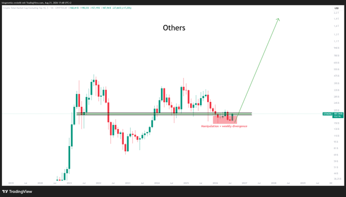 A TradingView weekly candlestick chart of the "$OTHERS" index displays price action fluctuating around the 197-210 range, with green annotations marking a "Manipulation + weekly divergence" signal and an upward arrow projecting a breakout toward 730 USD.