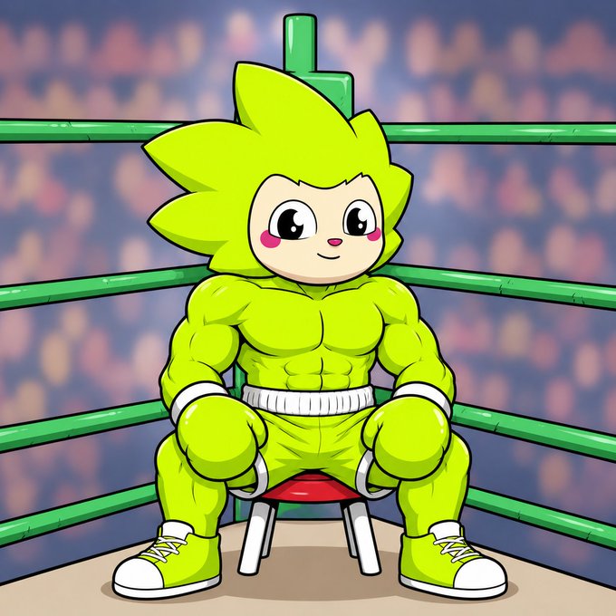 A cartoon illustration of a green, spiky-haired character with a muscular body sitting on a small stool in a boxing ring, wearing boxing gloves and sneakers.