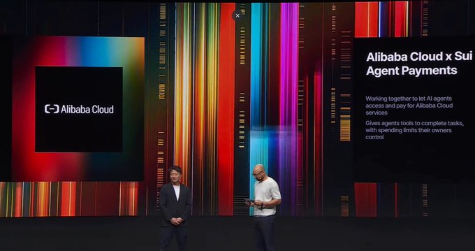 Two presenters on stage at an Alibaba Cloud event, with text reading 'Alibaba Cloud x Sui Agent Payments' about working with AI agents.