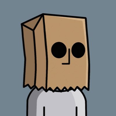 A cartoon character wearing a brown paper bag over its head with two eye holes cut out, standing against a blue background.