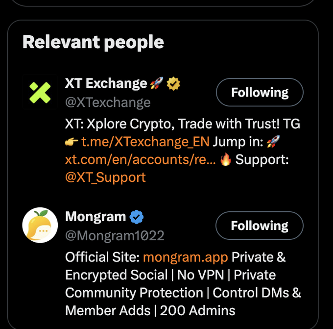 A dark-themed screenshot of a Twitter profile list titled 'Relevant people' showing accounts 'XT Exchange' (@XTexchange) promoting crypto trading and 'Mongram' (@Mongram1022) advertising a private encrypted social platform.