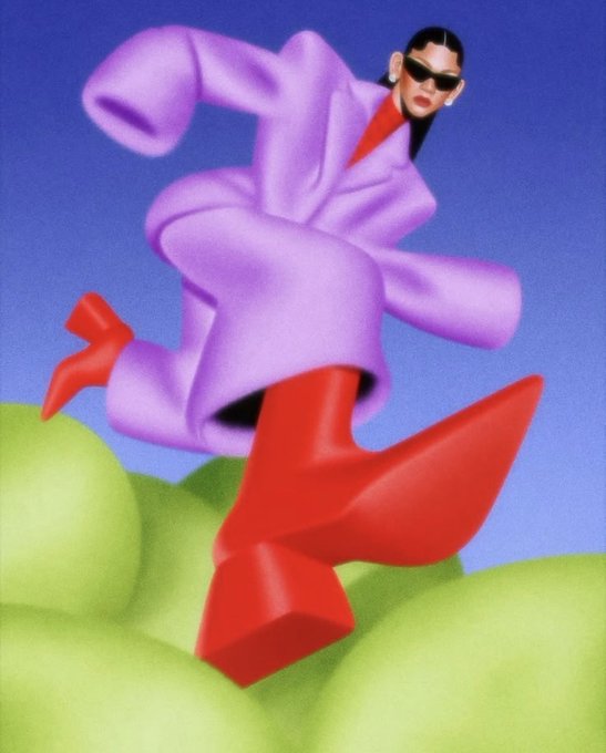 A 3D rendered fashion illustration shows a stylized figure wearing a voluminous purple coat, red turtleneck, sunglasses, and oversized red pointed boots, running across green spheres.