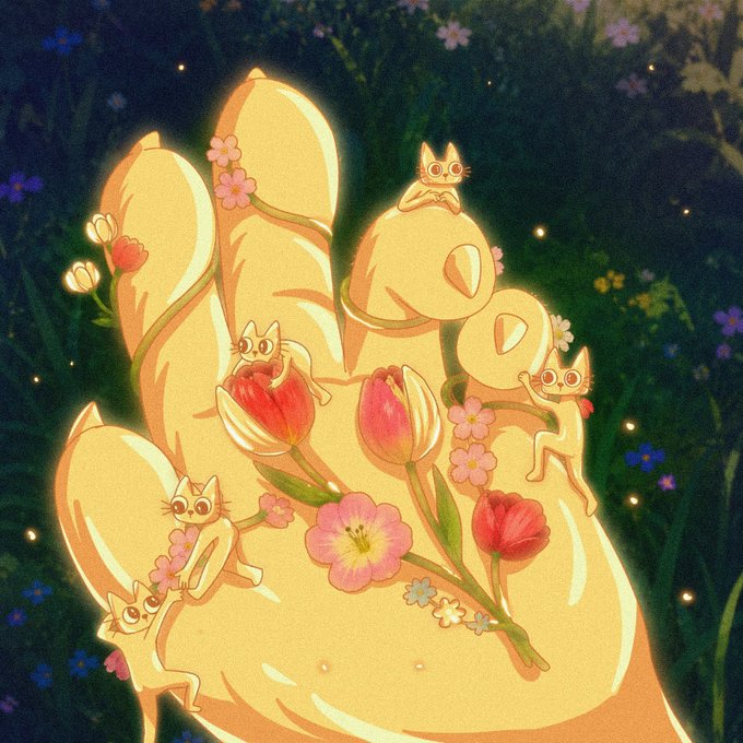An illustrated artwork depicting a glowing golden hand cupping flowers and small cat-like creatures in a magical setting.